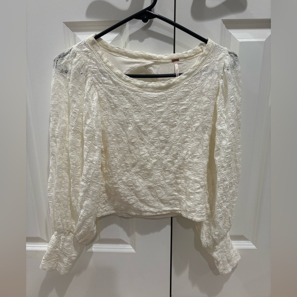 Free People Ivory Lace Long Sleeve Open Back Shirt Size S EUC Jasmine Tea Time - Picture 2 of 6